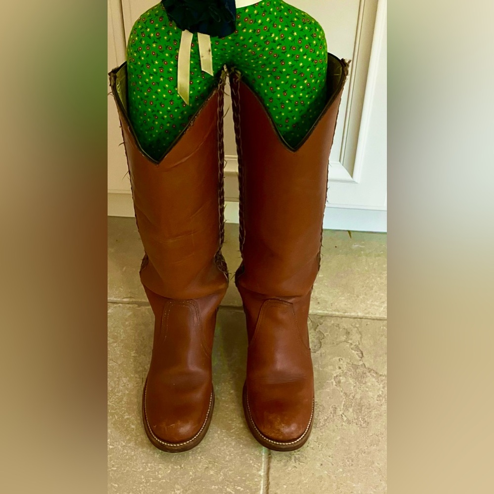 Frye Vintage Cognac Leather Knee High Boots with Braided Trim